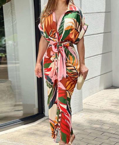 Tropical Leaf Print Rolled Sleeve Knot Tie Waist Maxi Dress