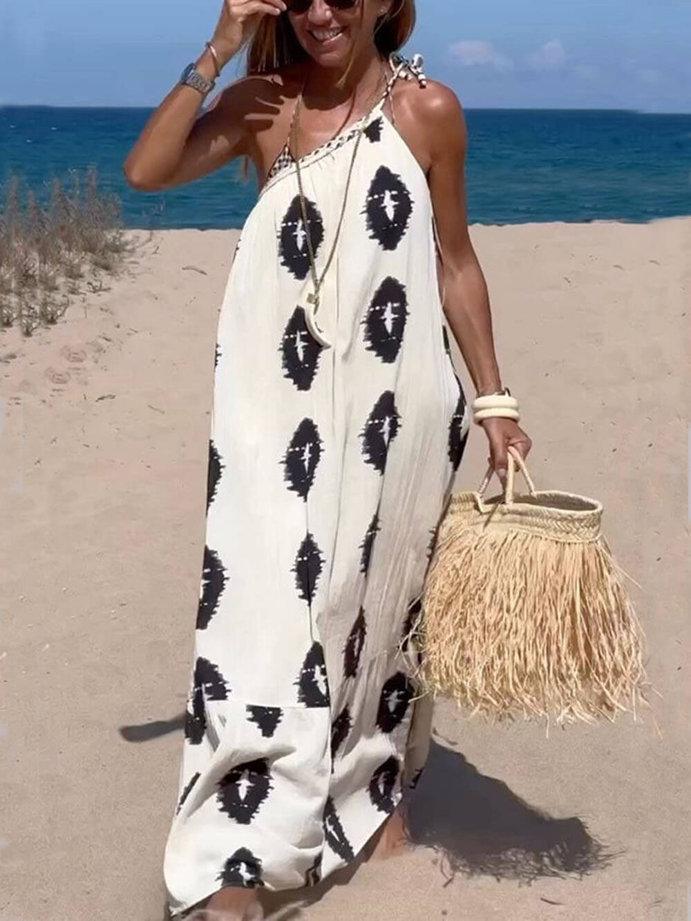 Ikat Diamond Print One Shoulder Draped Flowy Maxi Dress