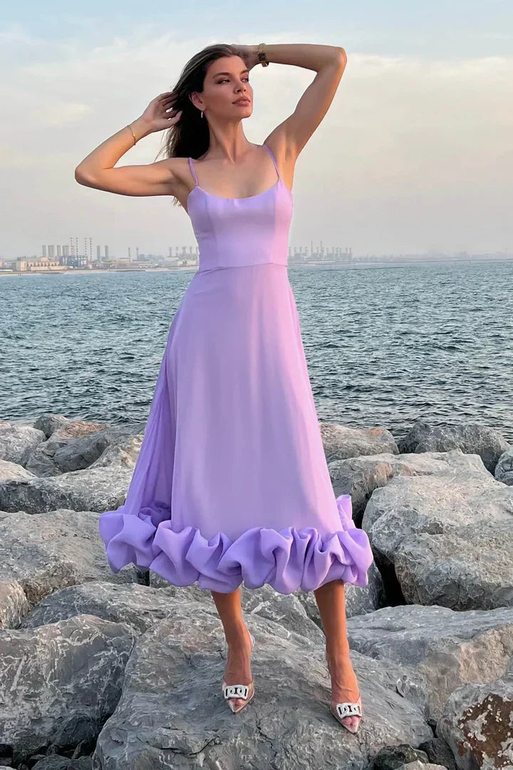 Spaghetti Strap Square Neck Bubble Hem Ruffled Maxi Dress