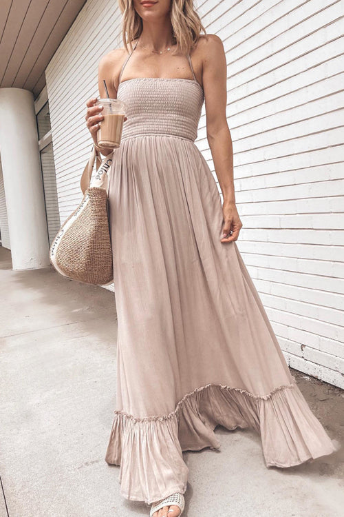 Spaghetti Strap Smocked Bodice Tiered Ruffle Hem Maxi Dress