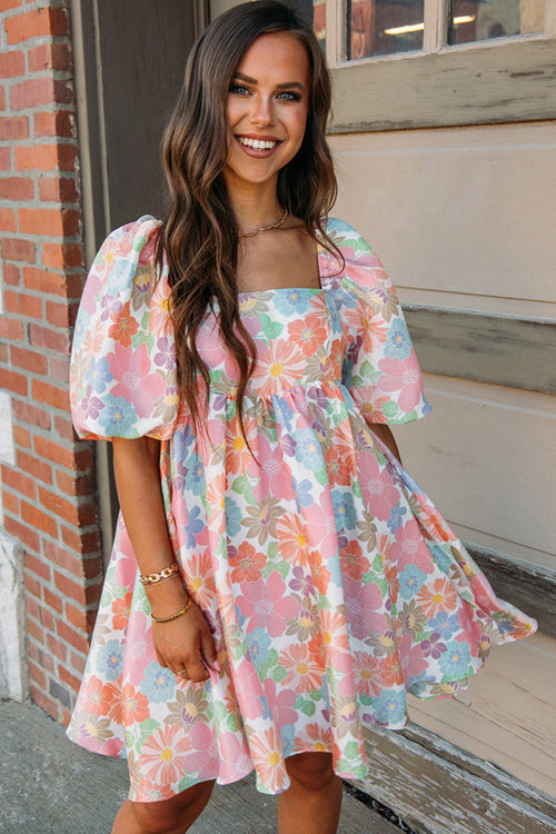 Square Neck Puff Sleeve Ditsy Floral Empire Babydoll Mini Dress
