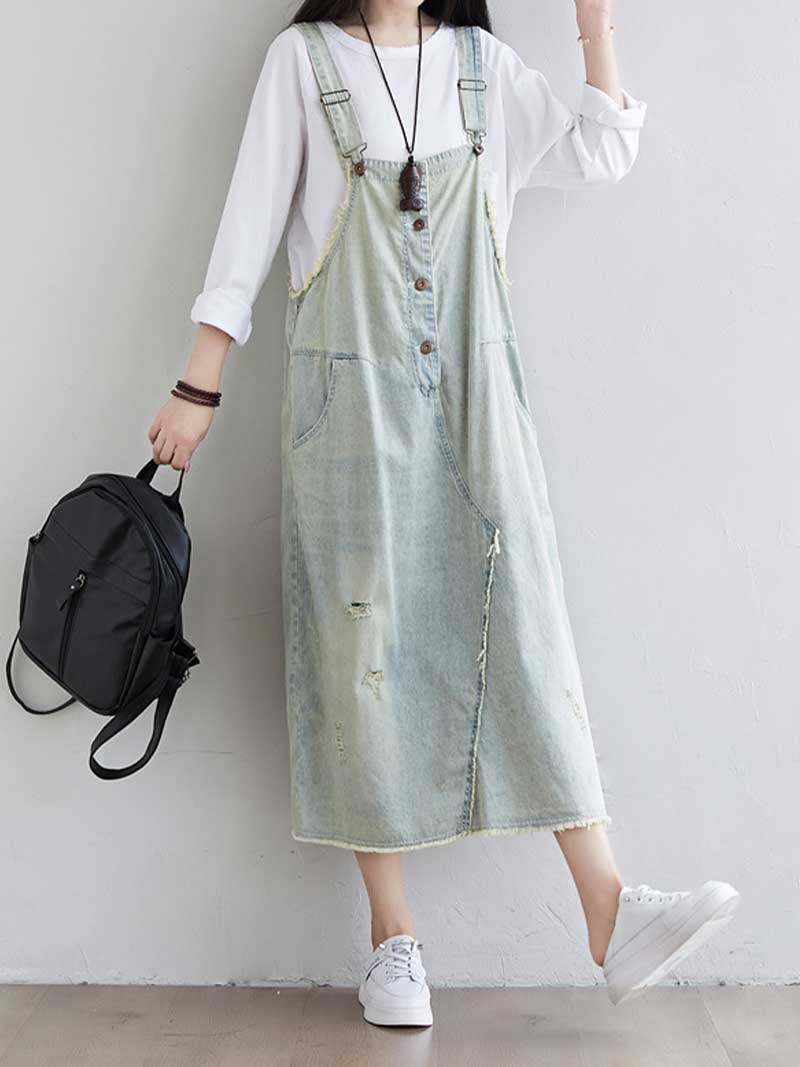Square Neck Wide Strap Denim Bib Pocket Midi Dress