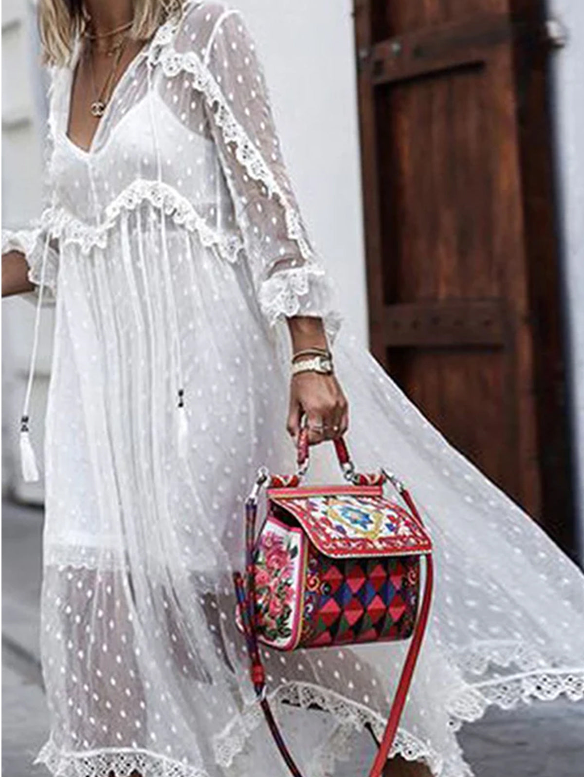 Deep V Neck Swiss Dot Ruffle Lace Handkerchief Hem Maxi Dress