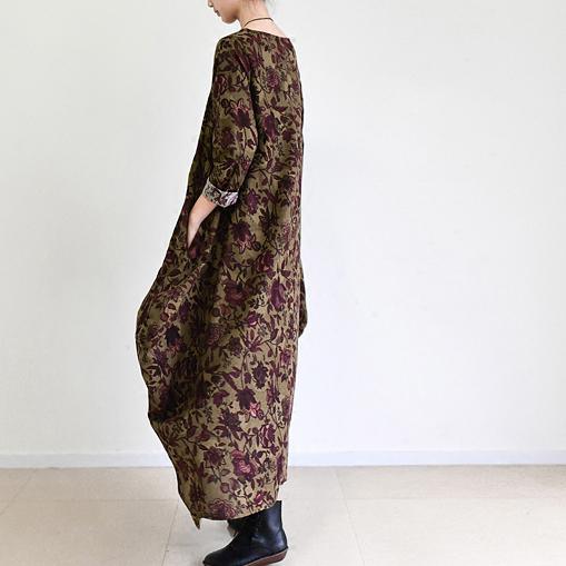 Floral Print Baggy Long Sleeve Drop Shoulder Linen Maxi Dress
