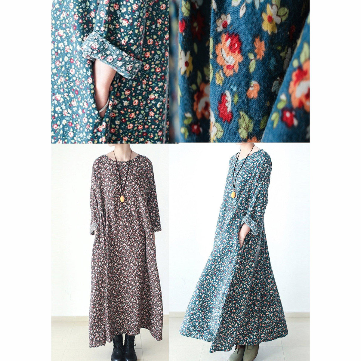 Crew Neck Three Quarter Sleeve Ditsy Floral Pocket Oversized Maxi Dress