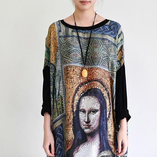 Round Neck Drop Sleeve Art Portrait Print Oversized Maxi Dress