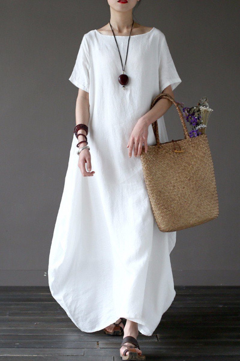 Round Neck Short Sleeve Oversized Linen Maxi Dress