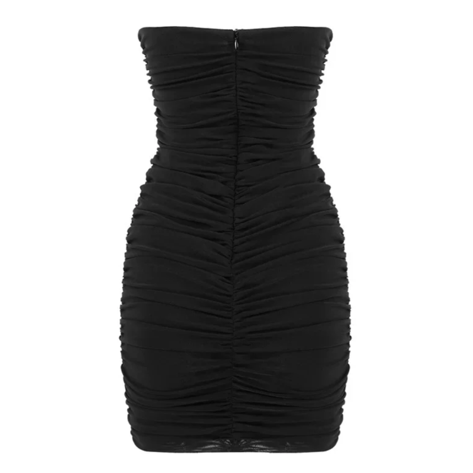 Strapless Double Cup Plunge Cutout Ruched Draped Bodycon Mini Dress