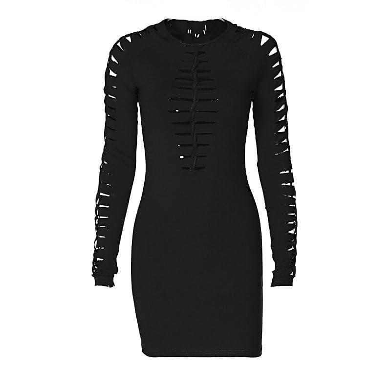 Crew Neck Ladder Hollow Out Long Sleeve Bodycon Mini Dress