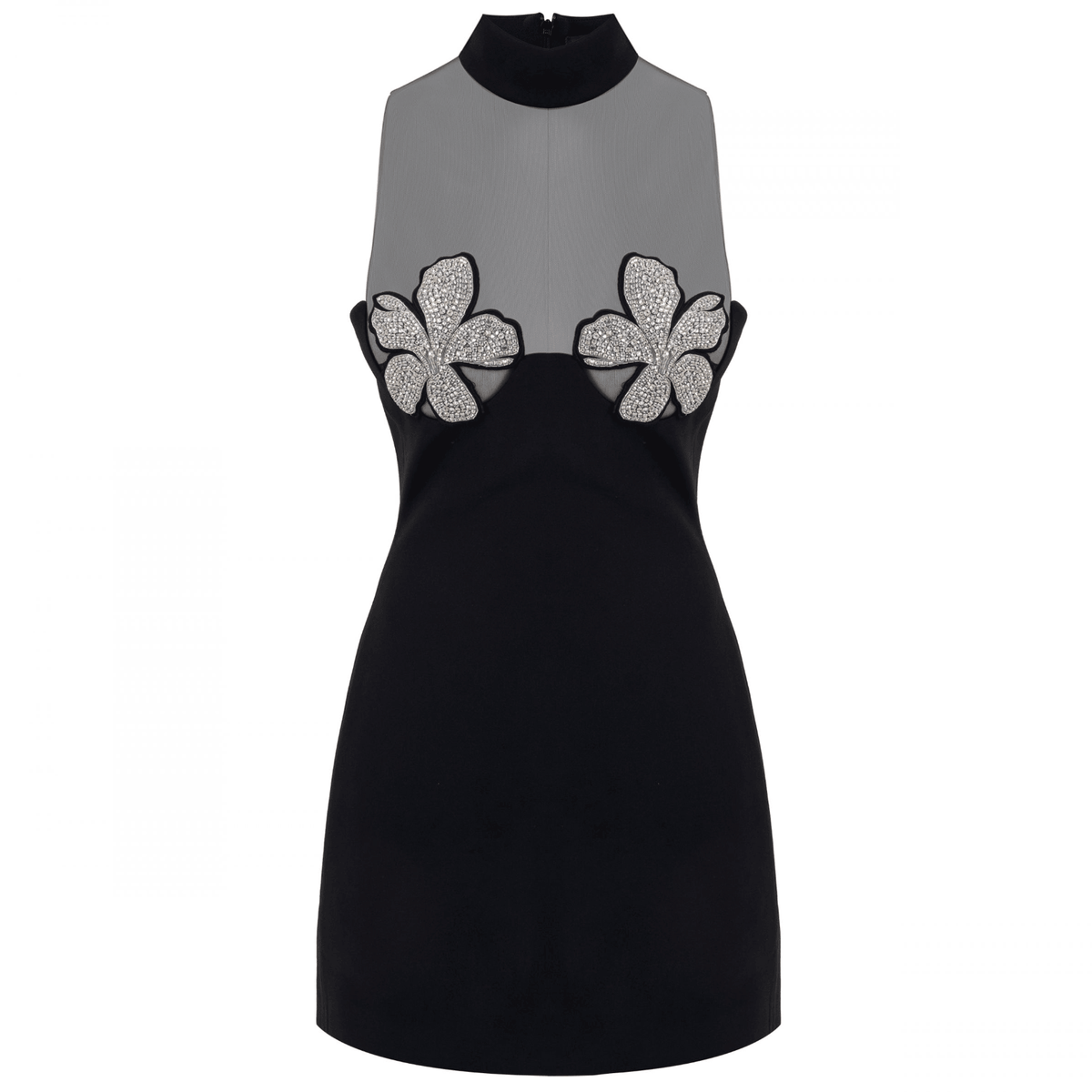 Choker Neck Mesh Panel Crystal Flower Applique Bodycon Mini Dress