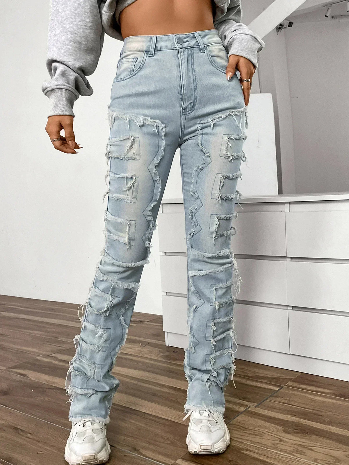 New European and American Streetwise Stretch Patch for Women High Street Straight Fit Long Women's Jean