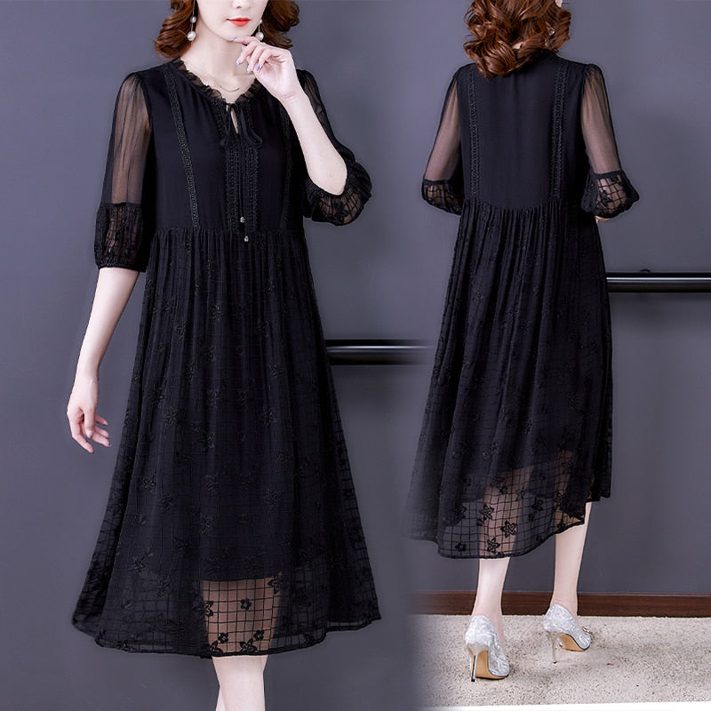 Notched Neck Tie Front Sheer Pleated Sleeve Floral Embroidered Midi Dress