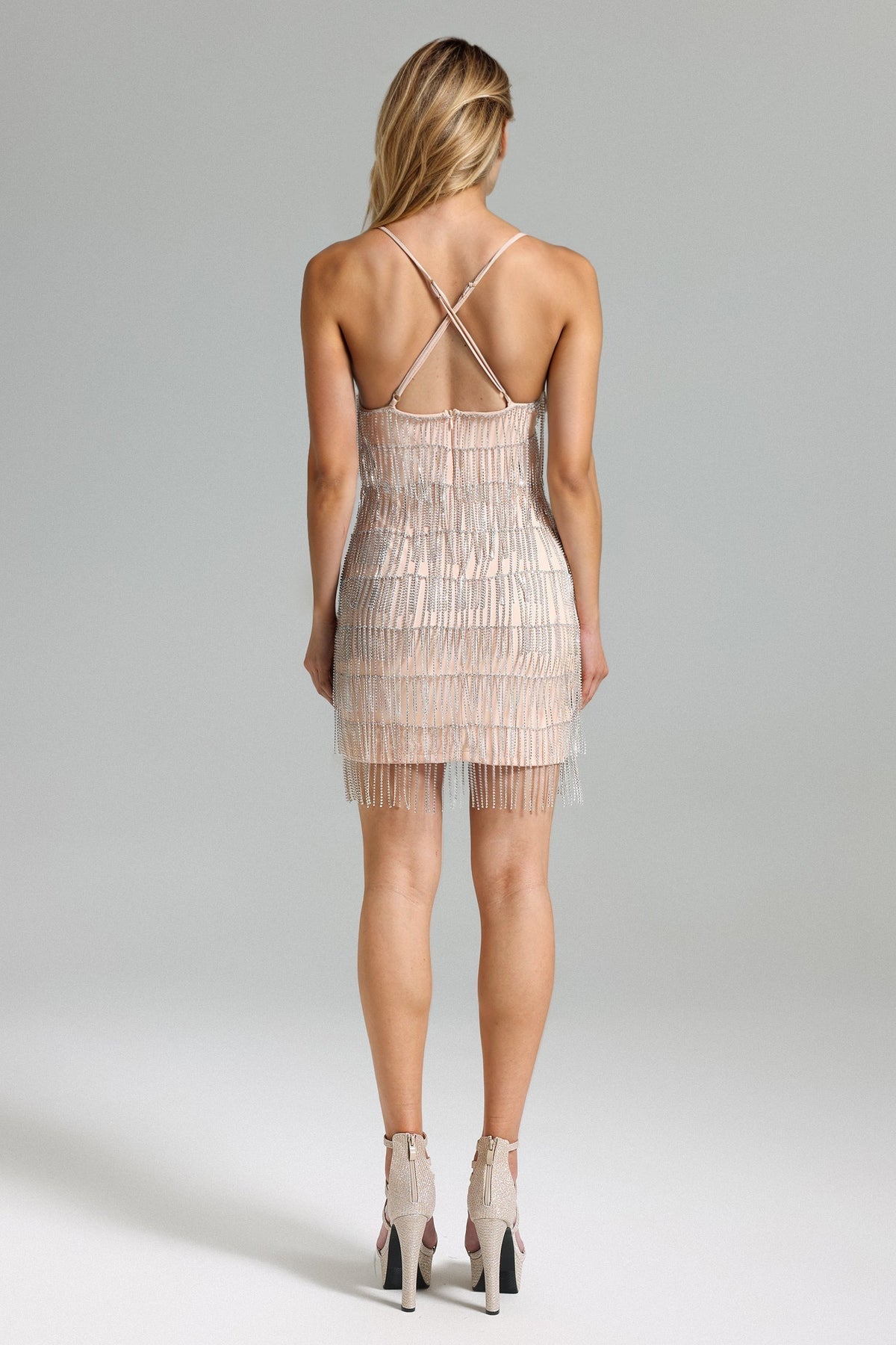 Spaghetti Strap Deep V Mesh Panel Rhinestone Fringe Tassel Mini Dress
