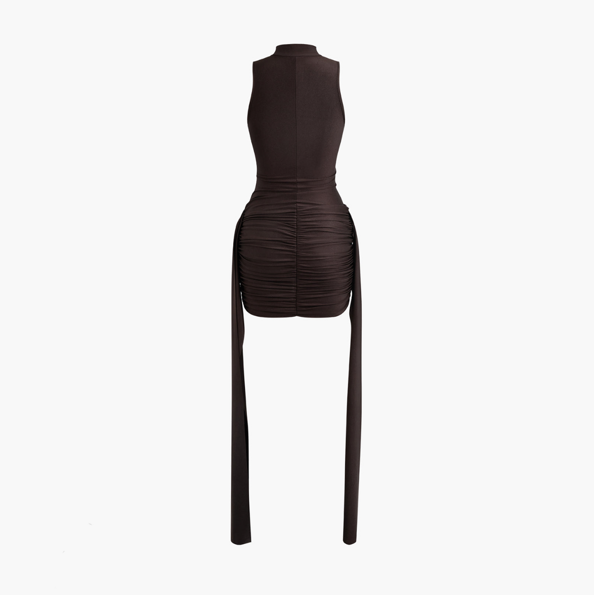 Mock Neck Sleeveless Draped Wrap Ruched Tie Panel Bodycon Mini Dress