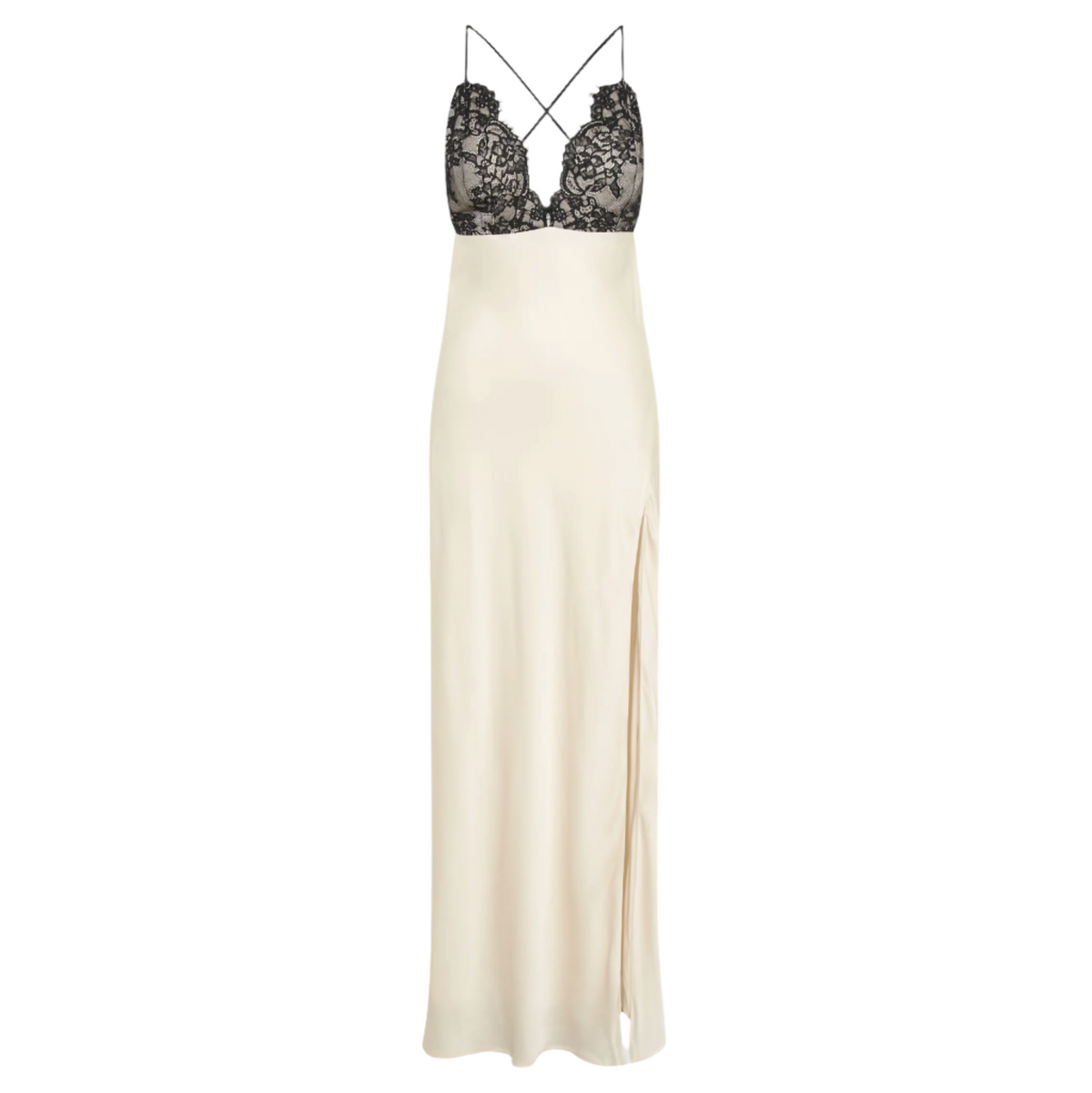 Spaghetti Strap Lace Trim Satin Slip Maxi Dress