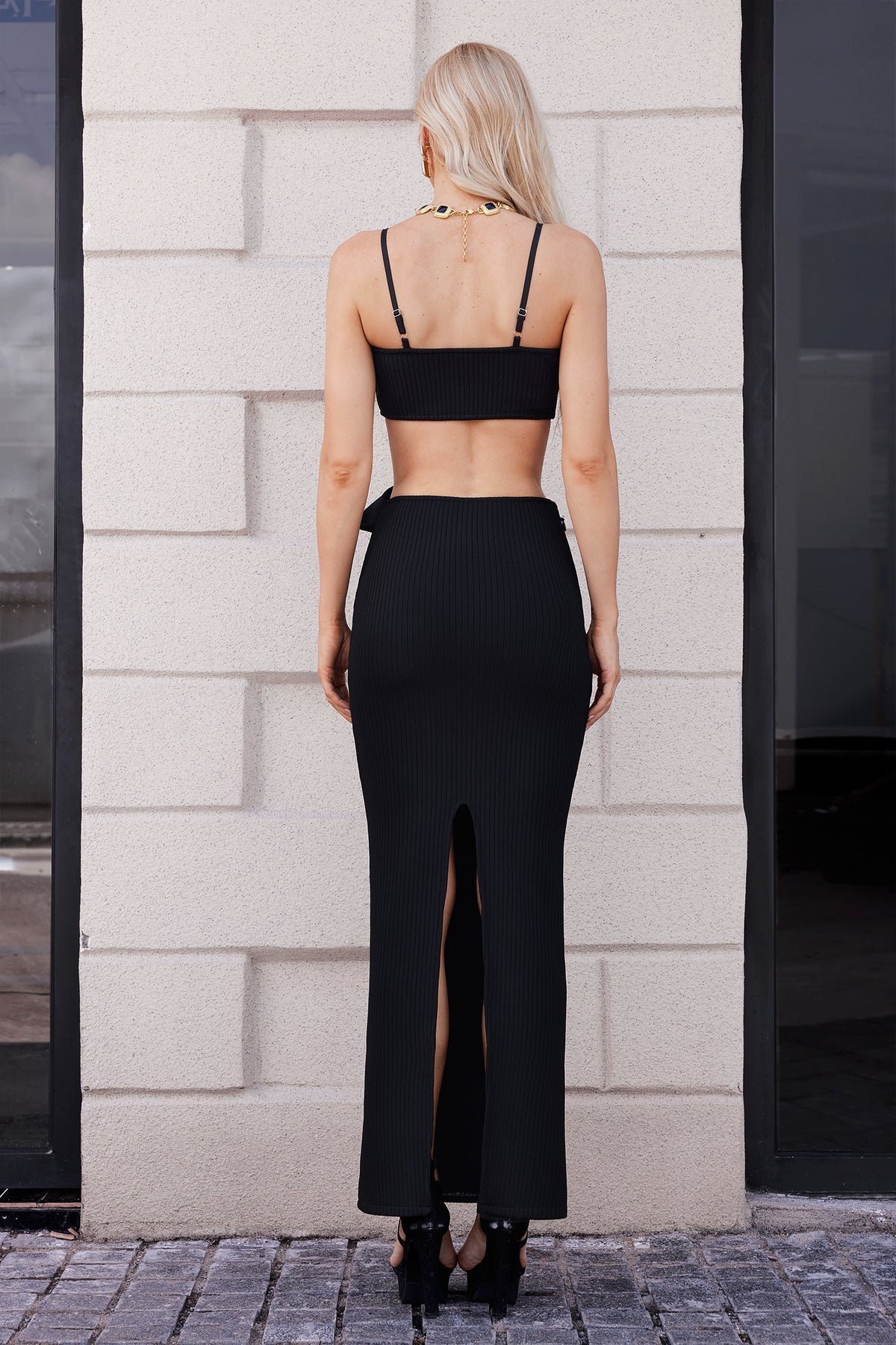 Rib Knit Crop Top 3D Rosette Linked Bar Cutout Maxi Skirt Set