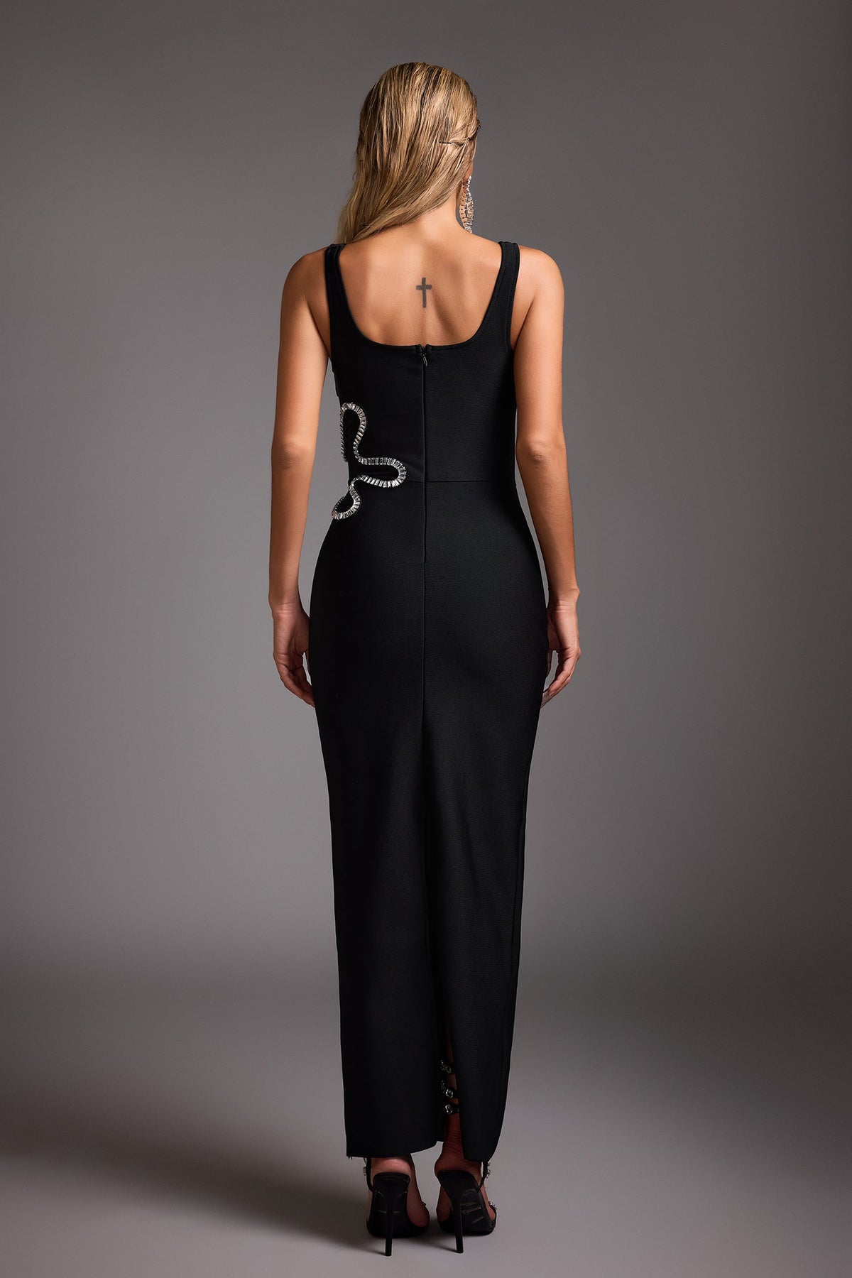 Scoop Neck Rhinestone Border Waist Cutout Maxi Dress