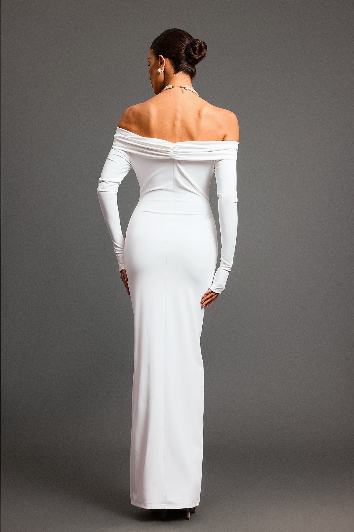 Off Shoulder Ruched Long Sleeve Backless Column Maxi Dress