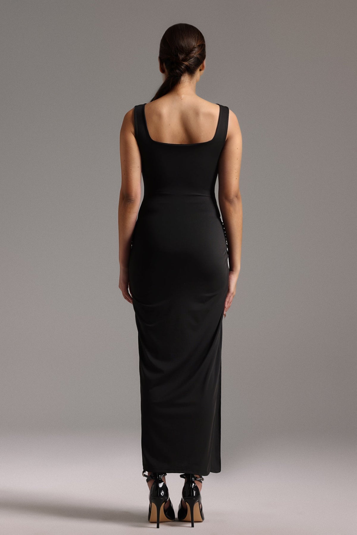 Square Neck Sleeveless Midriff Cutout Maxi Dress with Twisted Hip Slit