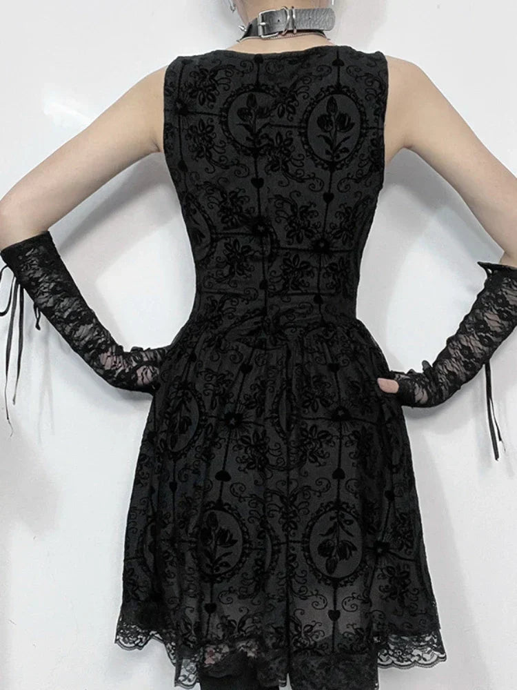 Square Neck Burnout Velvet Damask Floral Lace Trim A-Line Midi Dress