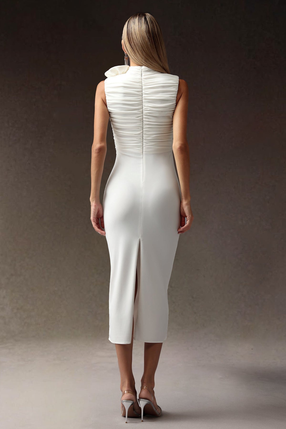 Mock Neck Rosette Applique Ruched Sheath Midi Dress