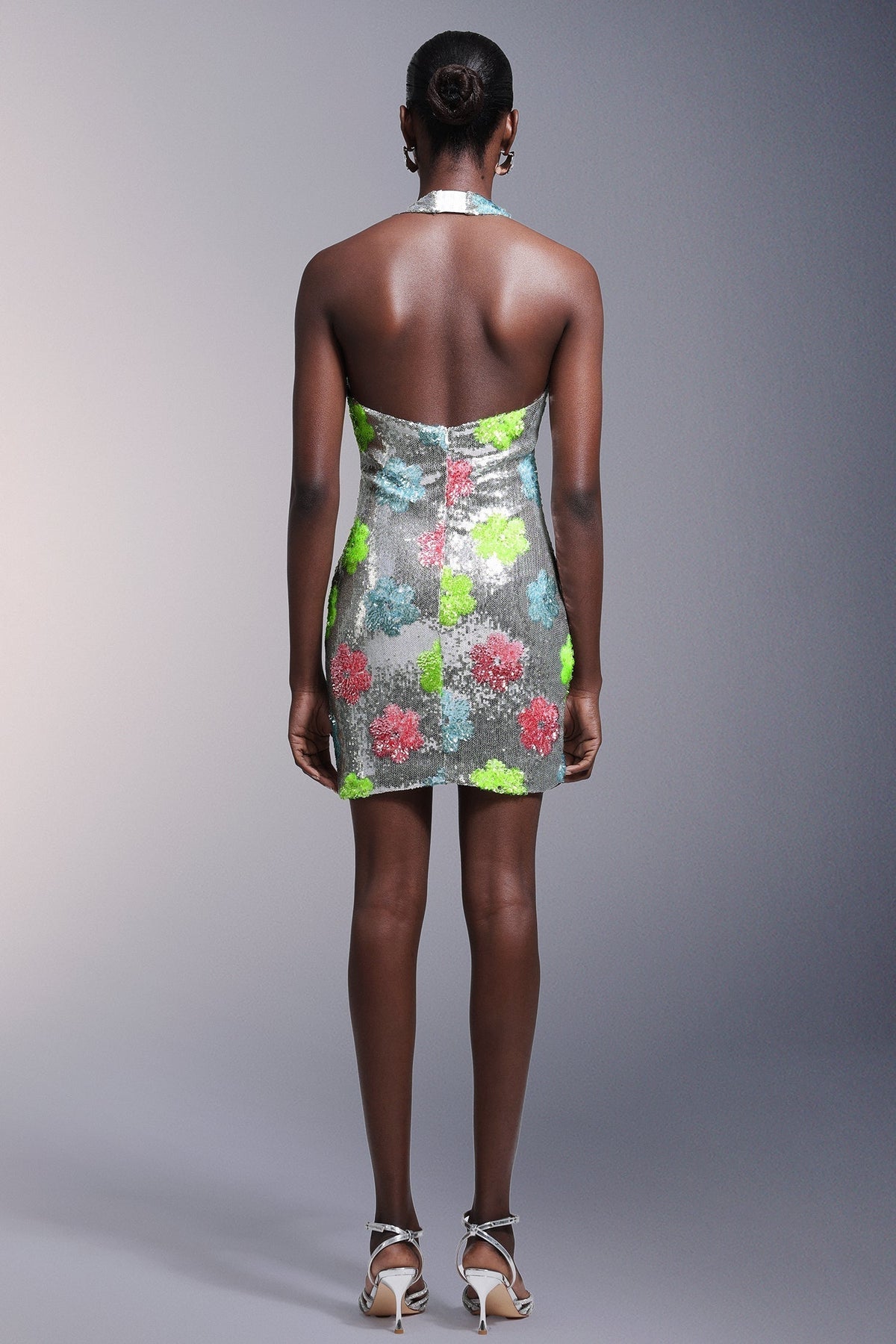 Scoop Neck Wide Strap Floral Sequin Shift Mini Dress