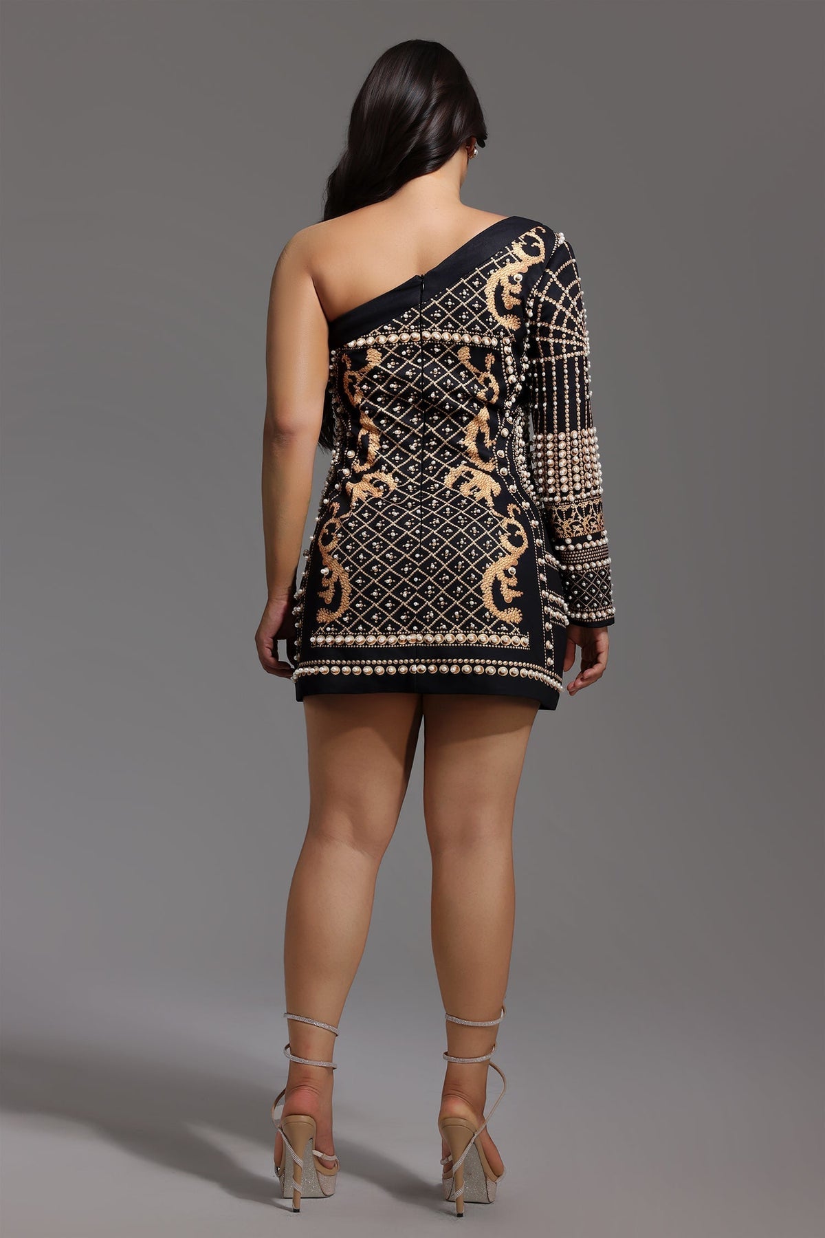 One Shoulder Pearl Beaded Baroque Embroidered Mini Dress