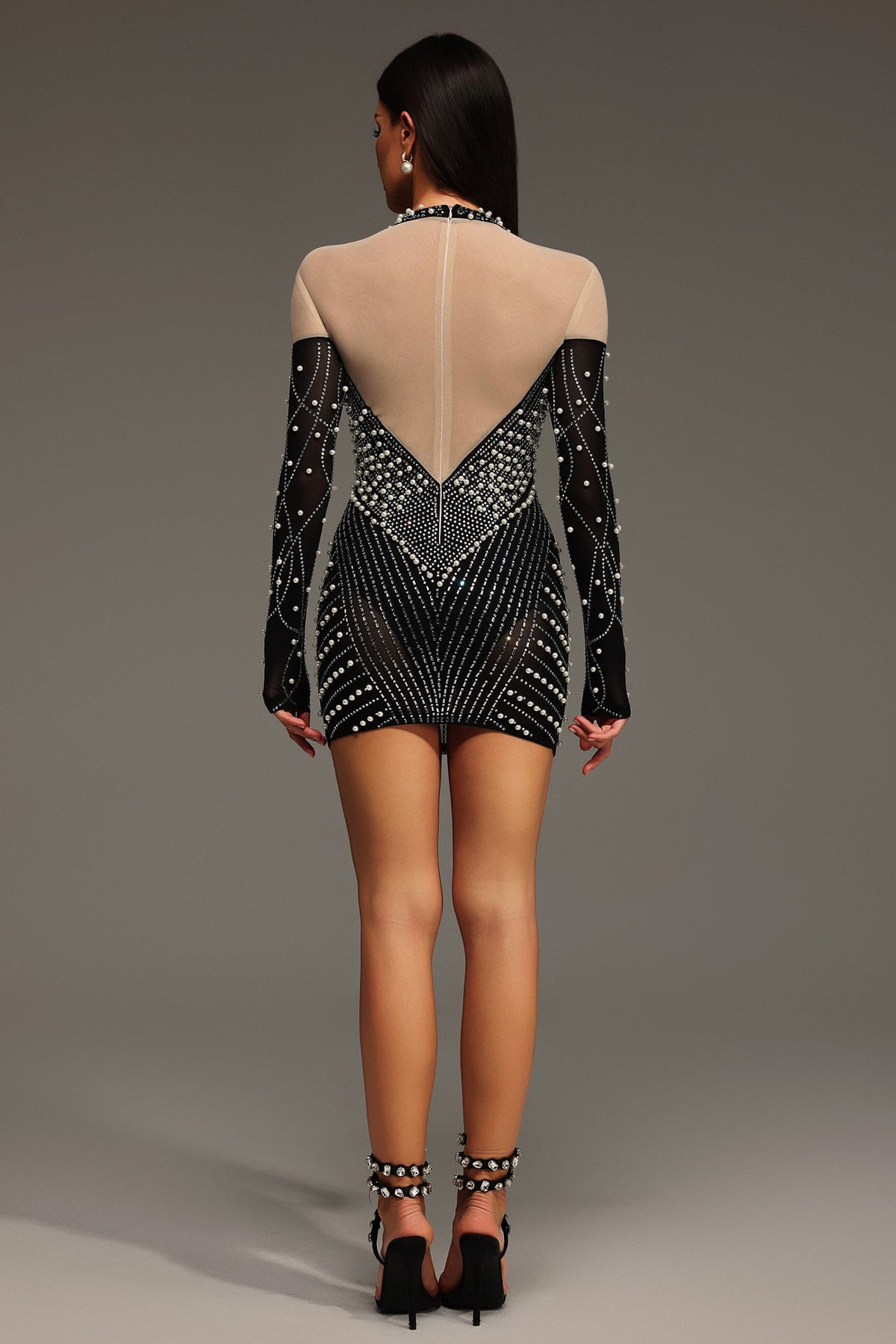Mock Neck Sheer Yoke Pearl Rhinestone Geometric Long Sleeve Mini Dress