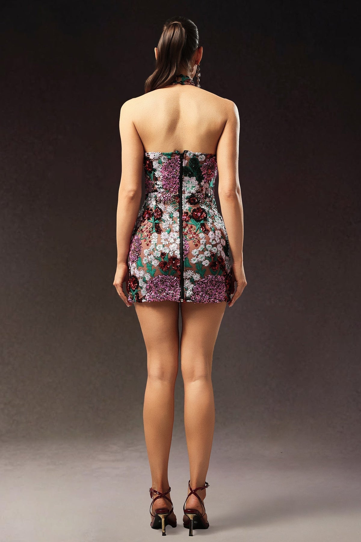 Halter Neck Floral Sequin Embroidered Bodycon Mini Dress