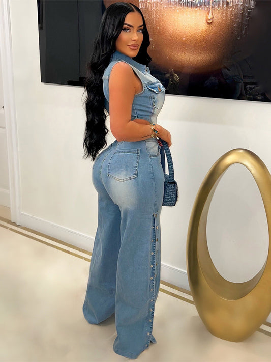 Cut Out Denim Jumpsuit For Women - Light Blue Sexy Side Slit Wide Leg One Piece Romper - Summer Night Clubwear 2026