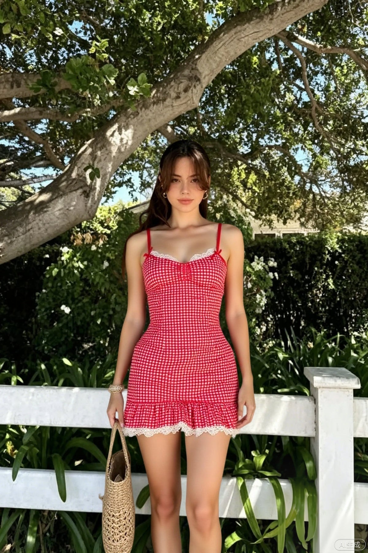 Gingham Check Lace Trim Button Bust Ruffle Hem Mini Dress