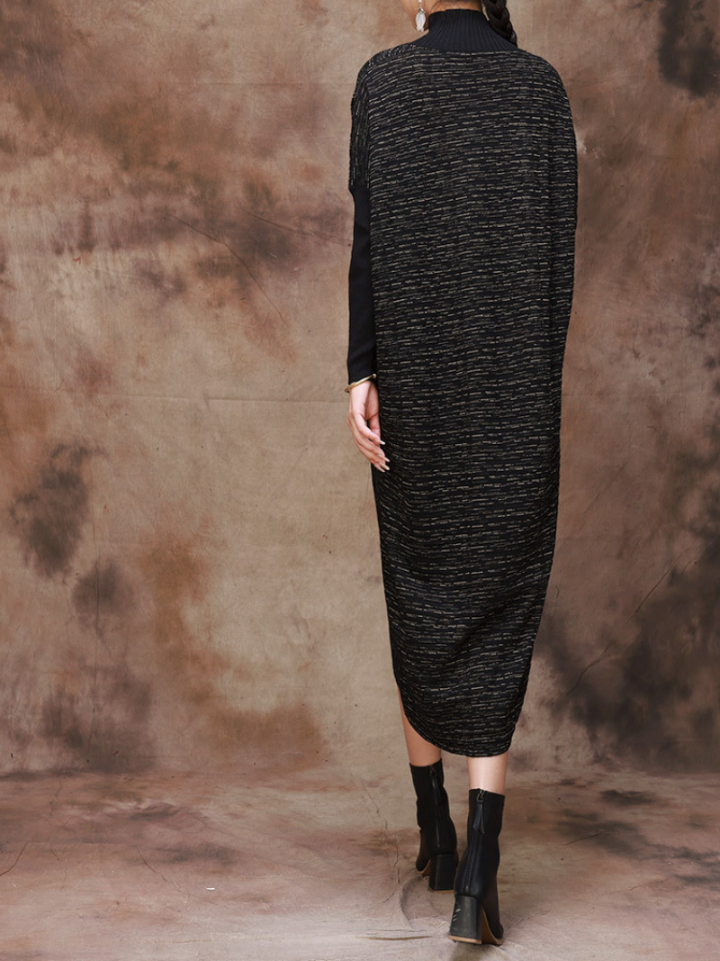 Mock Neck Batwing Sleeve Diagonal Rib Asymmetrical Hem Oversized Midi Sweater Dress
