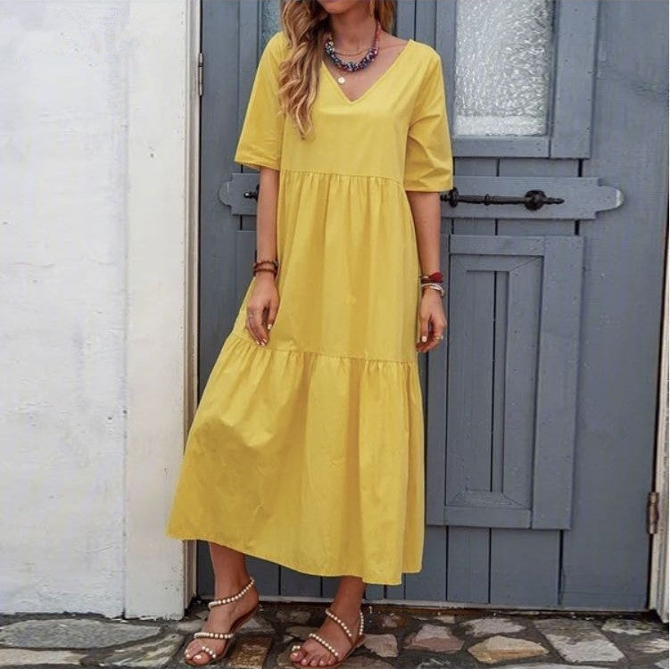 V Neck Short Sleeve Tiered Flowy Midi Dress
