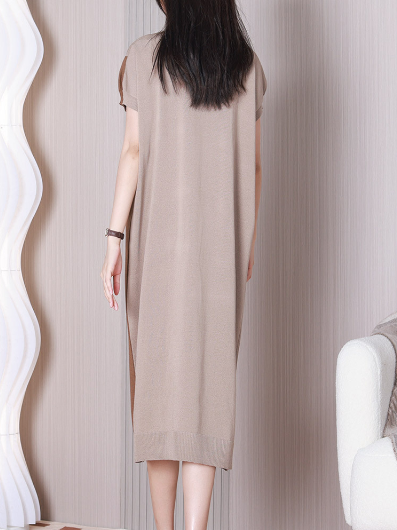 Crew Neck Short Sleeve Diagonal Color Block Knit Midi Dress