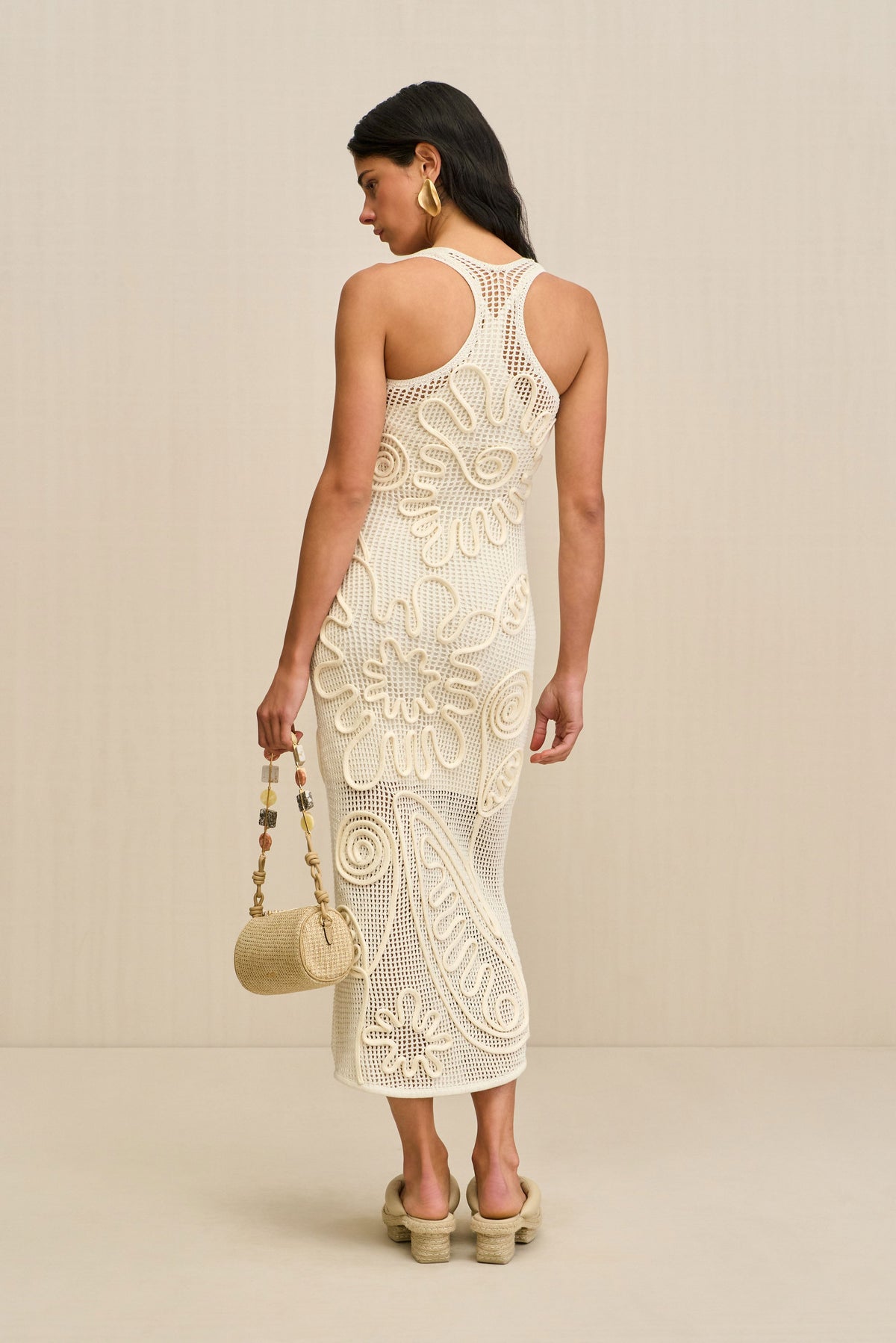 Corded Floral Embroidery Open Mesh Knit Halter Neck Midi Dress