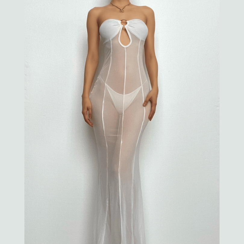 Sheer Mesh Tube Keyhole Ring Center Seam Bodycon Maxi Dress