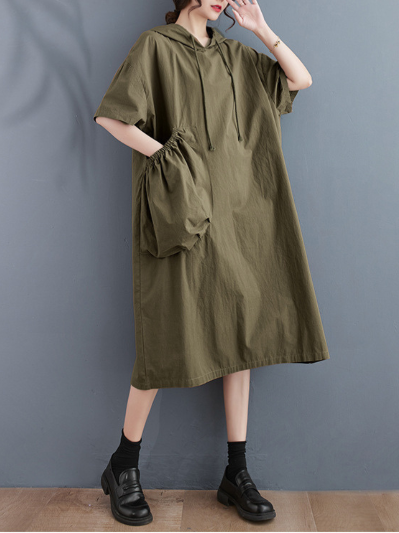 Hooded Drawstring Pouch Pocket Oversized Midi Sweatshirt Dress