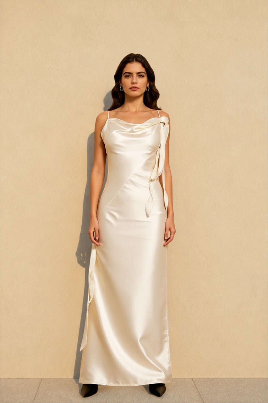 Cowl Neck Bow Accent Satin Slip Maxi Dress
