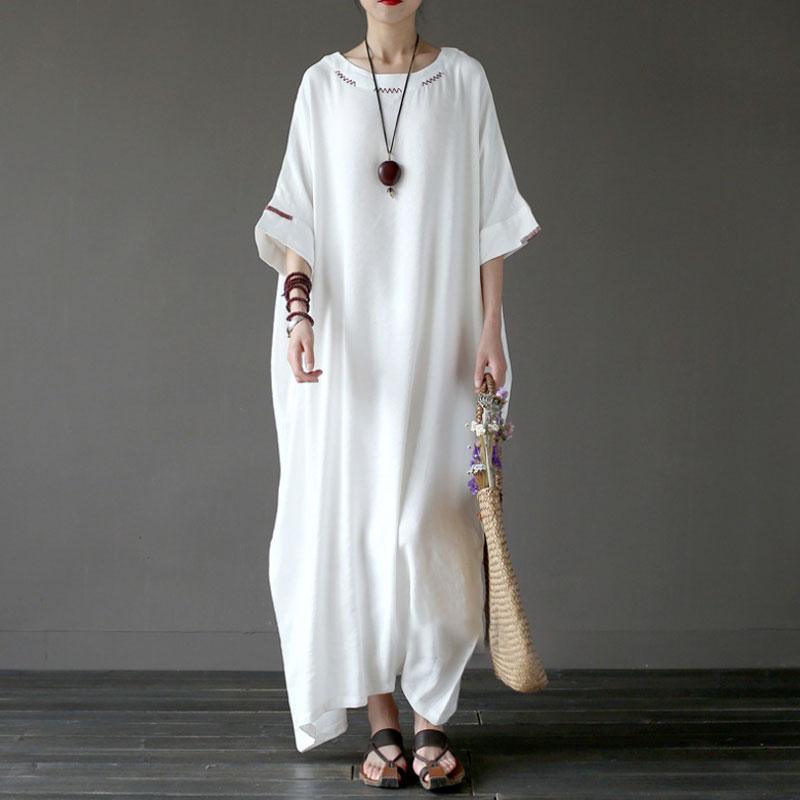 Round Neck Embroidered Neckline Drop Shoulder Linen Kaftan Maxi Dress