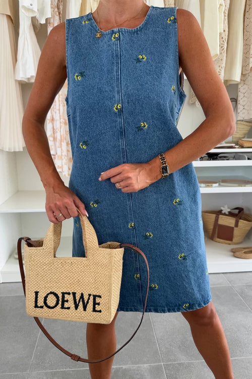 Embroidered Tie Back Denim Mini Dress