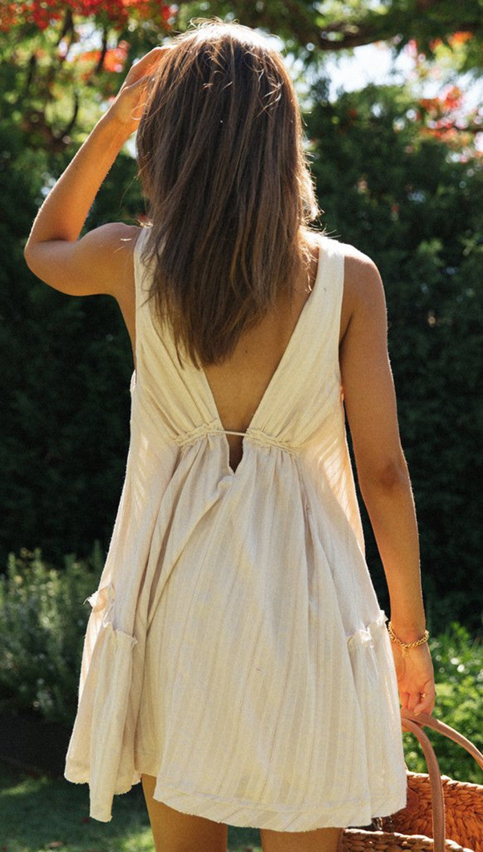Deep V Neck Tie Front Empire Waist Rib Knit Flared Mini Dress