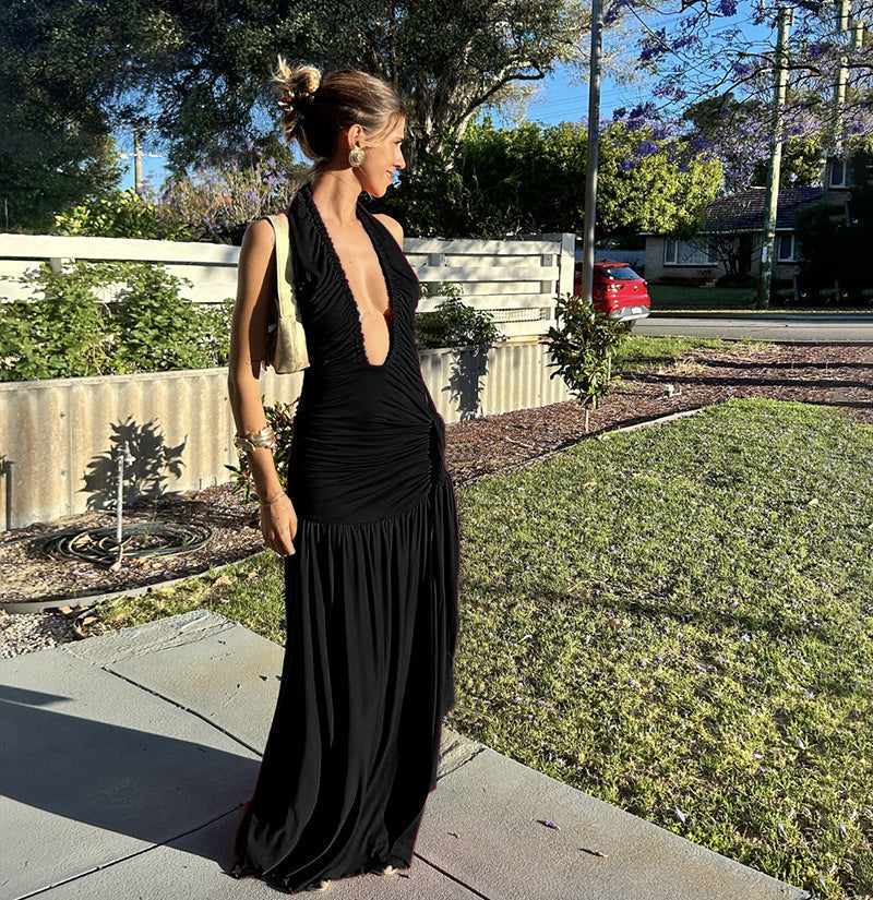 Halter Neck Deep Plunging Ruched High Slit Backless Maxi Dress