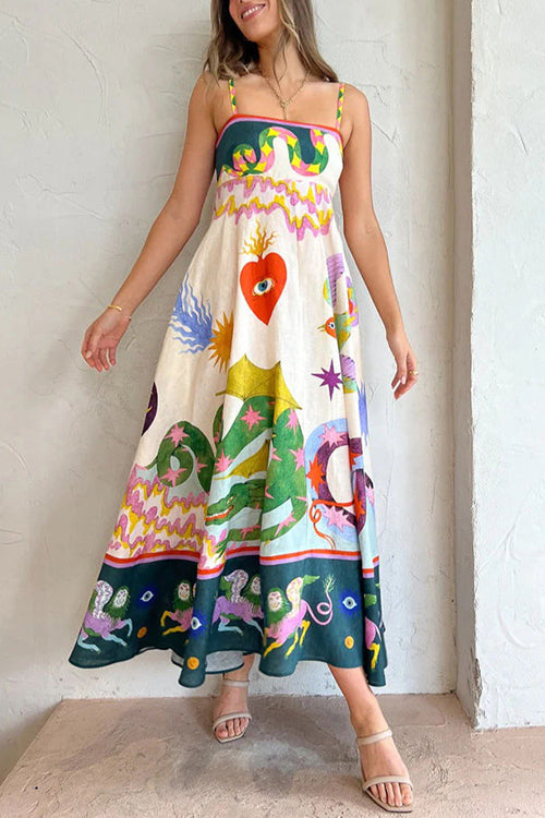Square Neck Spaghetti Strap Whimsical Print Border Maxi Dress