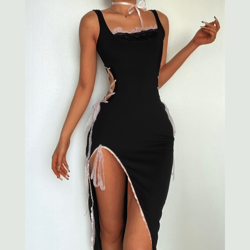 Sleeveless Lace-Up Cutout Asymmetric Hem Midi Dress