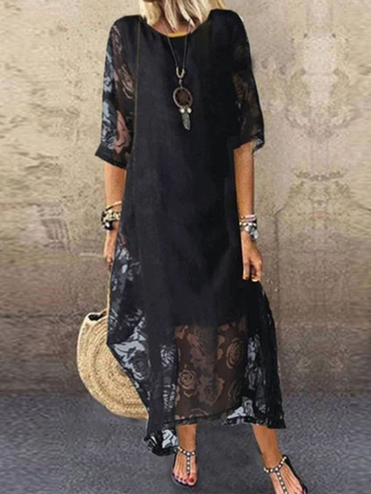 Round Neck Half Sleeve Floral Jacquard Overlay Sheer Maxi Dress