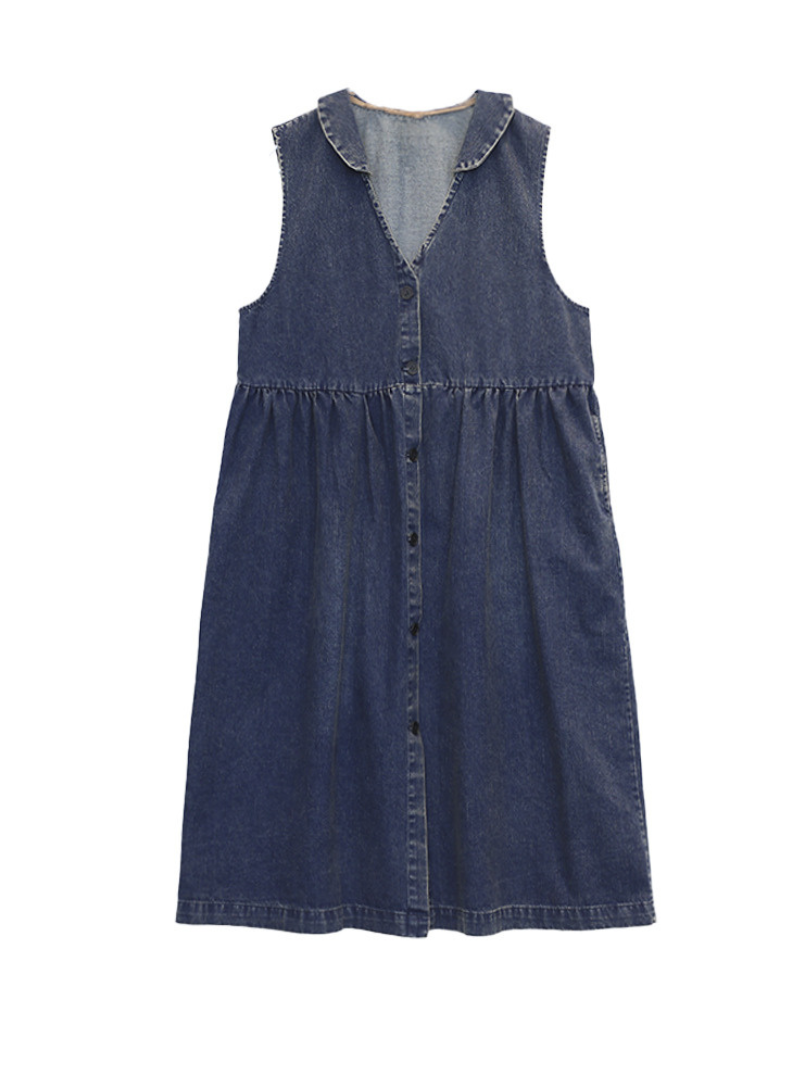 Deep V Neck Button Front Gathered Waist Denim Pinafore Midi Dress