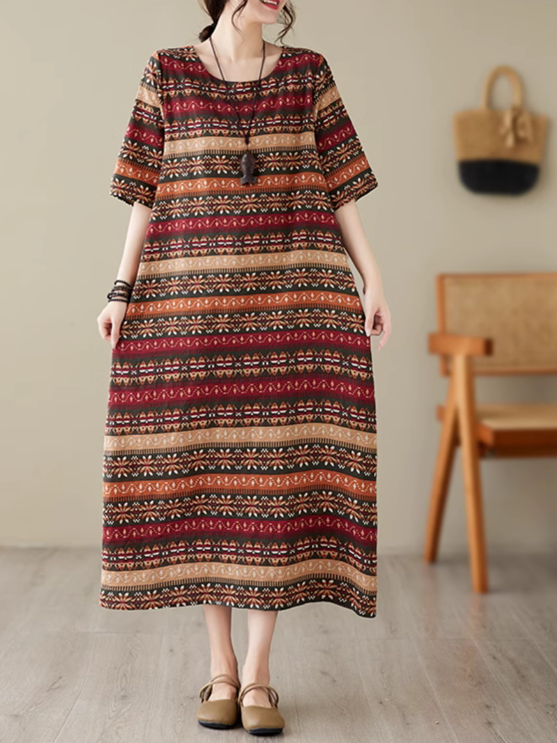 Round Neck Elbow Sleeve Geometric Print Relaxed Midi Dress