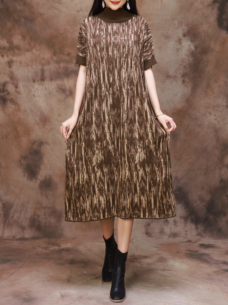 Half Collar Camouflage Rib Knit Midi Dress