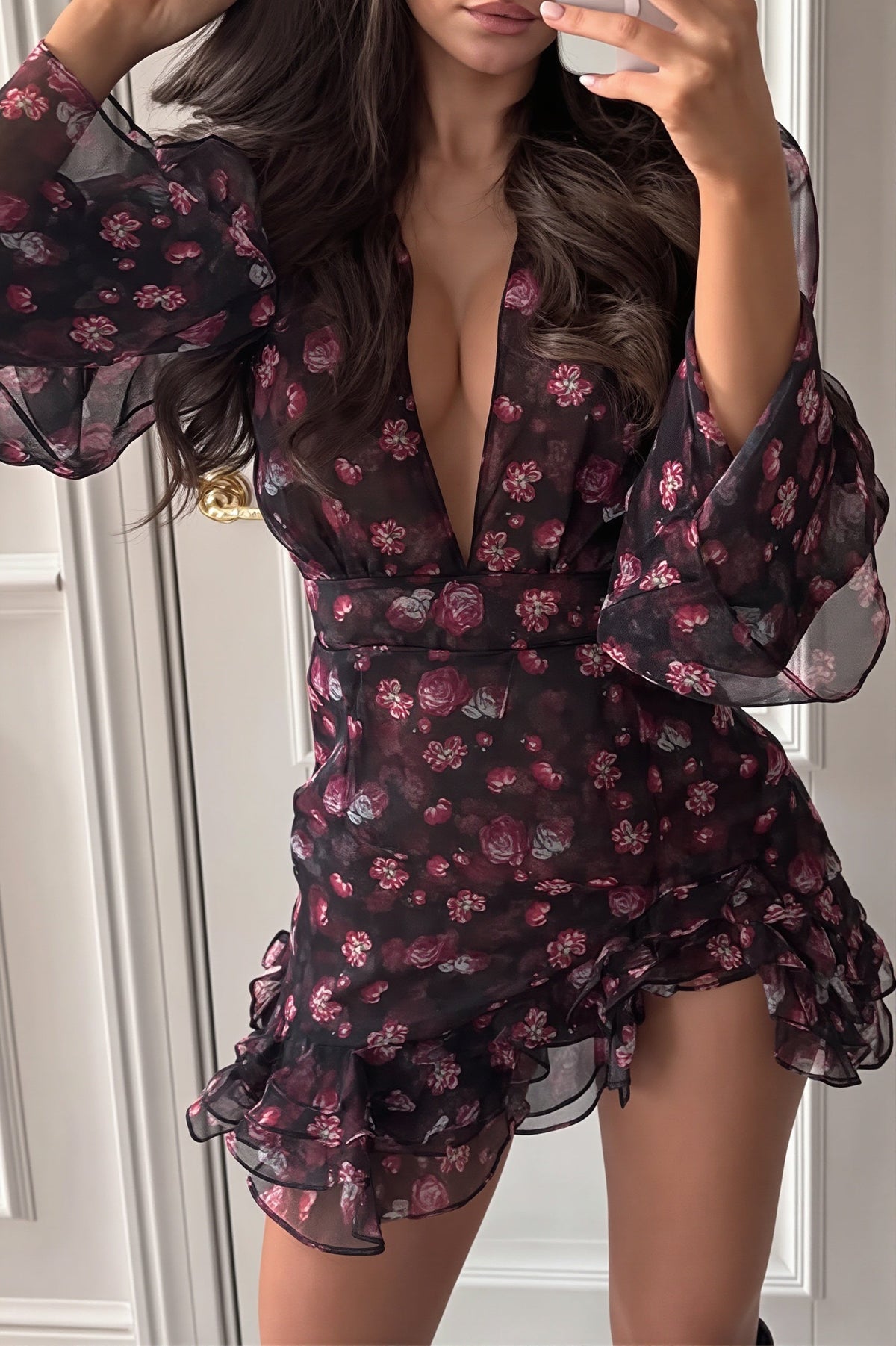 Deep V Neck Floral Chiffon Bell Sleeve Ruched Asymmetric Hem Mini Dress