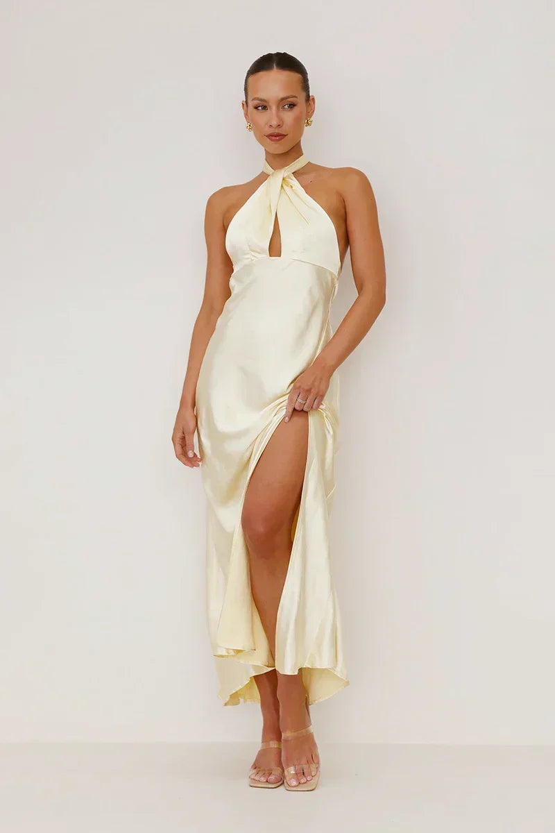 Satin Halter Neck Keyhole Cutout Wrap High Split Backless Maxi Gown